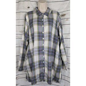 Tulip Brand Flannel Plaid Tunic Top XL Button Up Ruffle Back Hi Low